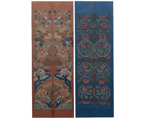 Two embroidered Peking knot sleeve bands Chinese, 19th/20th Century the first in ground blue, with panels of flowers 62cm x 2