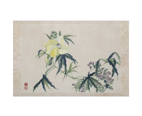 Katherine Talati (1922-2015) Da Shunming (Chinese name) flowers, mounted scroll, ink on paper with artists seal marks 36cm x 