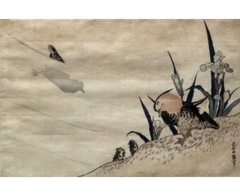 Katsushika Hokusai (1760-1849)  Japanese, early 20th Century 'Two birds and Iris' woodblock print 24cm x 36.5cm 