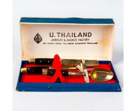 Includes a cocktail fork, a condiment spreader knife, and a caddy spoon; rosewood handle. Fork measures: 4.25"L x 0.25"W. Kni