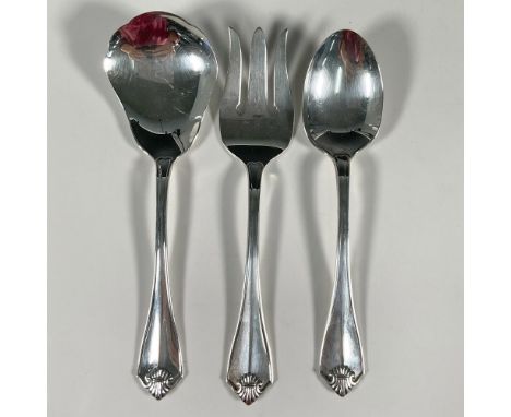 Set of three silverplate serving utensils comprising of 1 solid smooth casserole spoon, 1 serving spoon, and 1 medium solid c