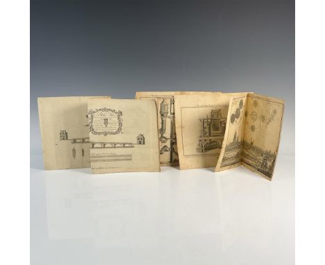 Group of five original antique engravings on brown paper published in The Universal Magazine of Knowledge and Pleasure by Joh