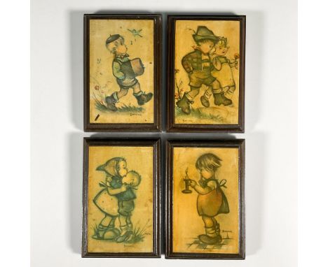 Set of four wall plaques made of wood with picture of Goebel Hummel characters laminated to the front. Each child depicted in