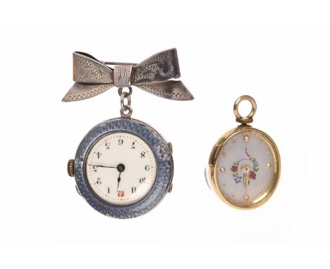 LADY'S EARLY TWENTIETH CENTURY SILVER ENAMELLED FOB WATCHunsigned movement, the round white enamel dial with Arabic numerals 