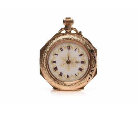 LADY'S NINETEENTH CENTURY CONTINENTAL FOURTEEN CARAT GOLD ENAMELLED FOB WATCHthe round white enamel dial with Roman numerals 