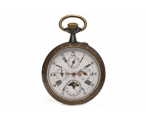 LATE VICTORIAN GUN METAL AND BRASS GOLIATH KEYLESS WIND POCKET WATCHunsigned movement, the white enamel dial with Roman numer