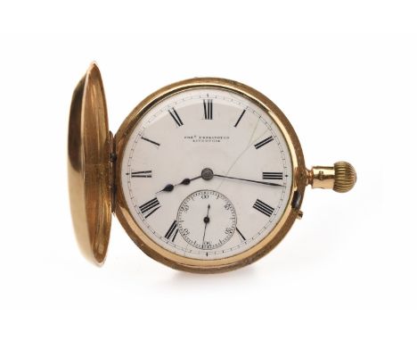 EIGHTEEN CARAT GOLD HALF HUNTER KEYLESS WIND POCKET WATCHmovement cover signed Josh Penlington, Liverpool, the round white en