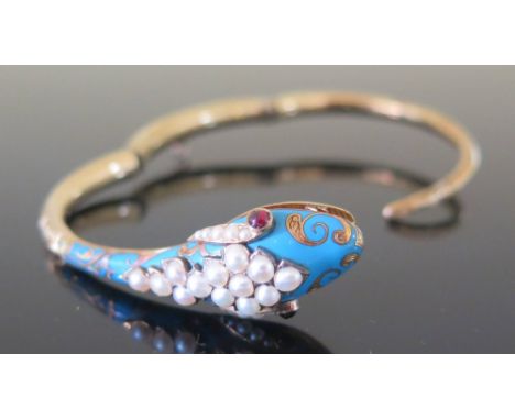 A Late Nineteenth Century Gold, Turquoise Enamel, Seed Pearl and Garnet Multi Hinged Snake Bangle in fitted case, 18 g