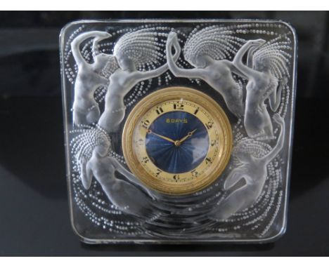 Rene Lalique - A Naiades Strut Clock with original Swiss gilt and blue guilloché enamel dial, running, engraved mark, 11.3 cm