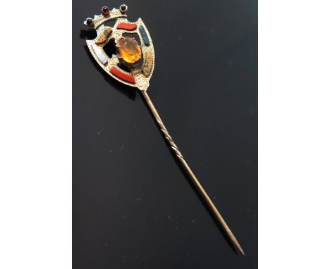 A Victorian Yellow Metal, Citrine and Hardstone Mounted Pin in the form of a shield with crown finial, with RD mark, 85 mm