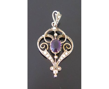 An Amethyst and Seed Pearl Necklace Pendant in 9ct gold mount, H&CB, 1.9 g