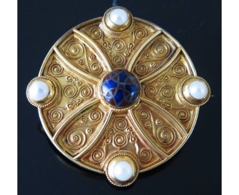 A Celtic Shield Brooch decorated with pearls and enamel centre in a precious yellow metal setting, 47 mm, 17.3 g NO CARD PAYM