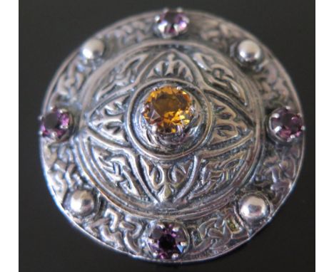 A Silver Citrine and Amethyst Celtic Shield Brooch, 34 mm