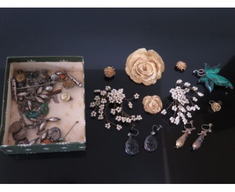 A Pair of Seed Pearl Clip Earrings, other Victorian and later earrings etc
