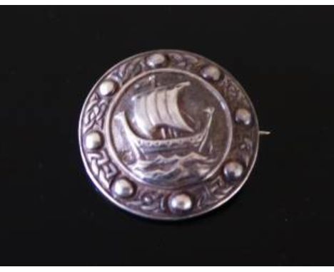 A Scottish Celtic Silver Brooch decorated with a Viking ship, 35 mm, Glasgow 1955