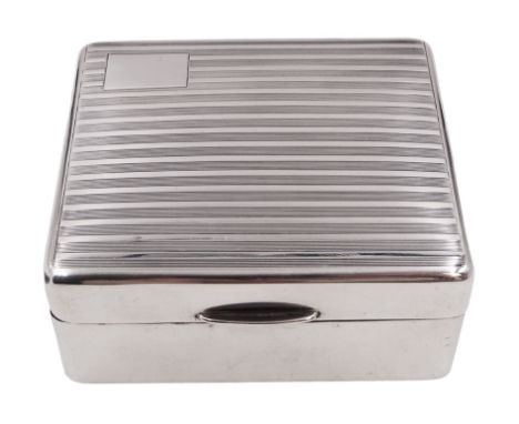 1930s silver mounted cigarette box, of square form, with engine turned decoration and blank rectangular panel to hinged cover