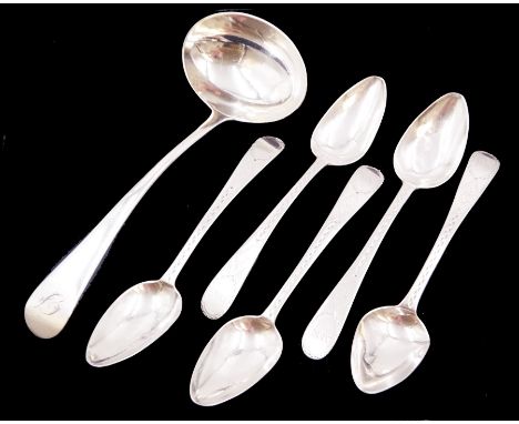 Set of five George III Newcastle silver Old English pattern teaspoons, with engraved initials and pinprick decoration, hallma