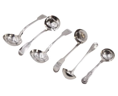 Collection of six Victorian silver sauce/toddy ladles, to include Hanoverian pattern ladle, with rattail bowl and curved hand