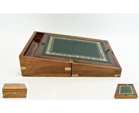 Antique Stationery Box  Victorian light wood box with green tooled leather interior, three internal compartments, hinged lid 