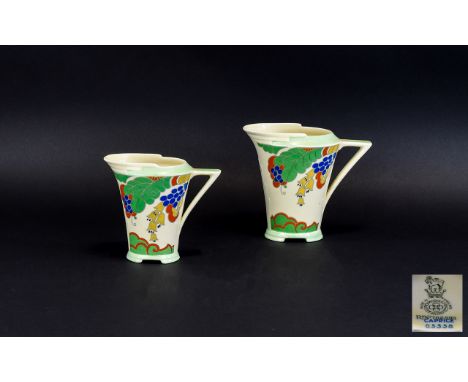 Royal Doulton - Hand Painted Art Deco Conical Shaped Handle Pair of Jugs, In The ' Caprice ' Design. D5358. c.1933. Height 5.