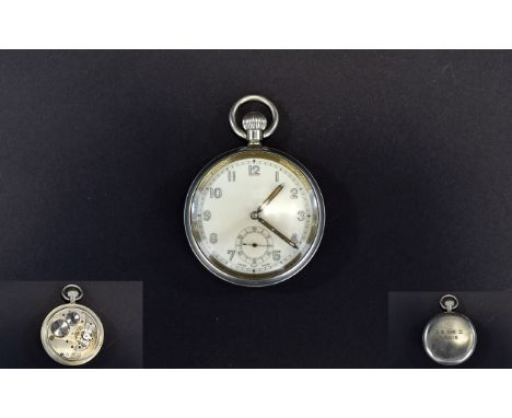 G.S. MK II Swiss Made - Keyless Nickel Cased - Mechanical Military Open Faced Pocket Watch. c.1930's. Screw Back, Luminous Ma