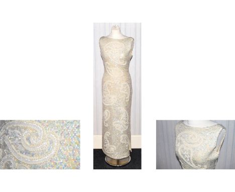 Vintage Heavily Beaded Virgin Wool Shift Dress Midi length fitted shift dress in cream virgin wool with concealed back zipper