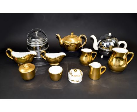 Silver Plated Ice Bucket, Chrome and Ceramic Kettle, gilt part tea set and Wedgwood Trinket Box