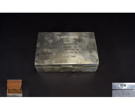 Silver Box Small rectangular silver box with two internal compartments. Engraved to hinged lid 'RASC, Presented to Major R. D