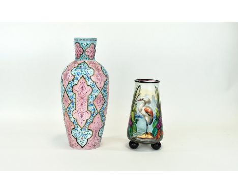 Antique - French Pink and Pale Blue Coloured Glass Vase. With Enamel and Stone Set Decoration to Body of Vase. Stands 11.25 I