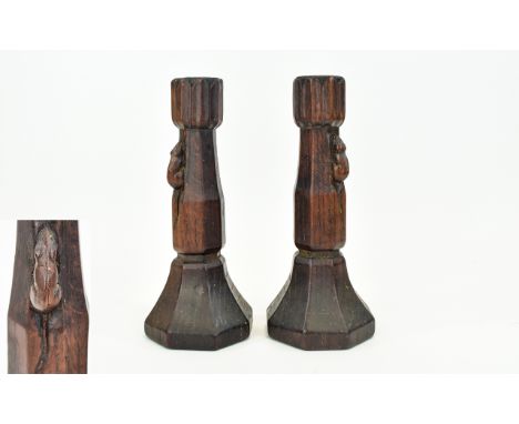 Robert Thompson - Mouseman Pair of Early Oak Candlesticks. c.1930's. With Octagonally Carved Stems and Bases with Large and W