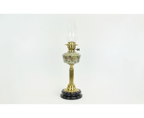 Antique - Nice Quality Brass Kerosene / Oil Table Lamp with Corinthian Column, Raised on a Black Stepped Glass Base with Orig