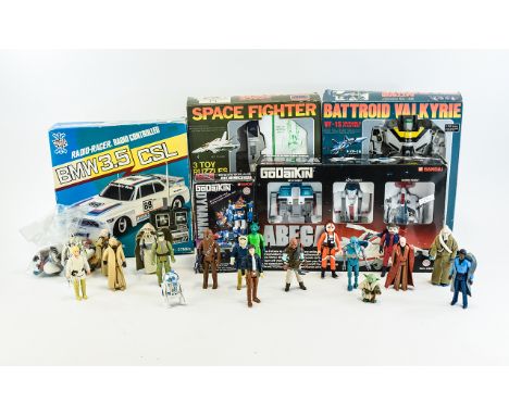 Collection of Boxed Toys to include robot transformers, a box of Star Wars figures, Battroid Valkyrie VF-1S Fighter Plane, Sp