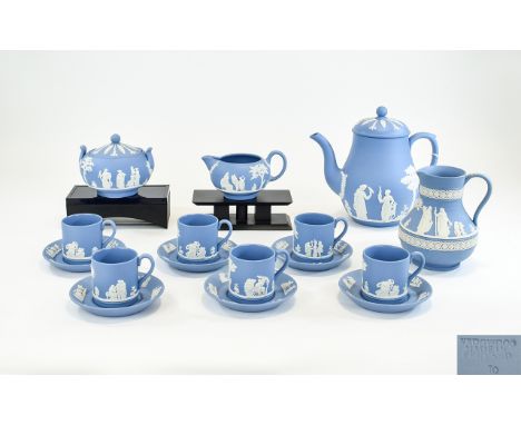 Wedgwood Blue Jasperware ( 16 ) Piece Tea Service. Comprises 1 Coffee Pot, Milk Jug, Lidded Sugar Bowl, 6 Cups and Saucers & 