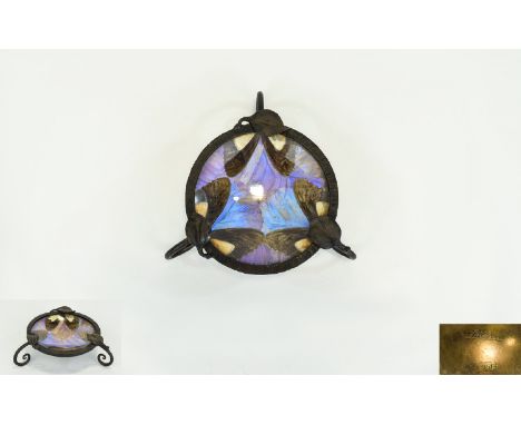 Art Nouveau Period Butterfly Wing Trinket Dish, The Metal Surround with Leaf Decoration, Supported on 3 Curled Legs. Signed F