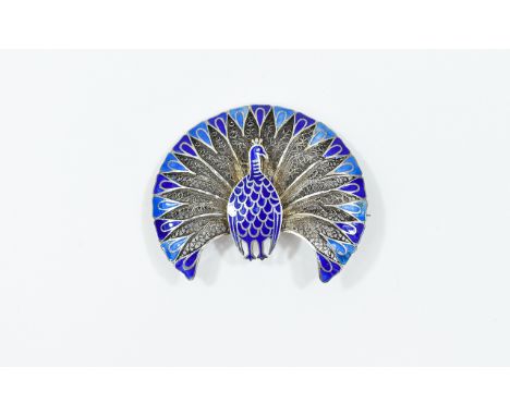 A Fine Vintage Silver and Blue Enamel Peacock Brooch. In Wonderful Condition and Form - Please See Photo. 1.75 Inches Diamete