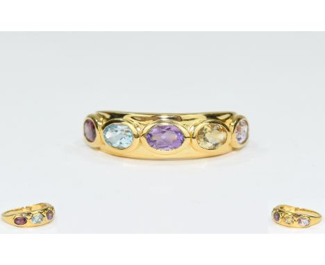 Multi Gemstone Band Ring, oval cuts of amethyst, sky blue topaz, rhodolite garnet, Rose de France amethyst and citrine, bezel