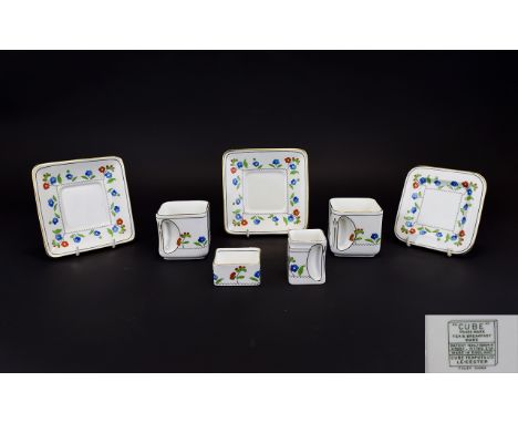 Cube - Foley Shelley Art Deco - Stunning and Impressive 7 Piece Porcelain Tea For Two Service. c.1930. Comprises 2 Cups, 3 Sa