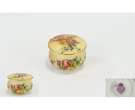 Royal Worcester Hand Painted Blush Ivory Miniature Lidded Pill Jar ' Spring Flowers ' Date 1906. 1.25 Inches Diameter - Pleas