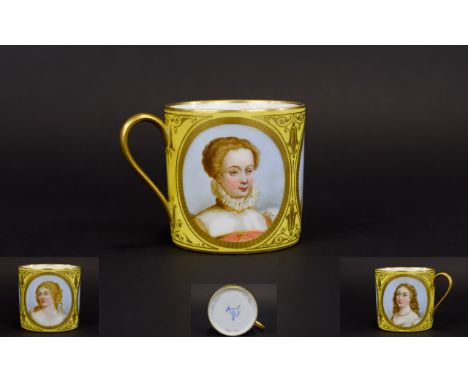 A Very Early Serves Hand Painted Cup with 3 Portrait Panels. 2.3/4 x 2.3/4 Inches. 