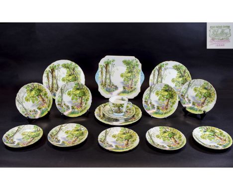 Shelley 1930's - Nice Quality Part ( 15 ) Piece Tea Service In The ' Woodland ' Pattern. Pattern No 13348. Comprises 5 Side P