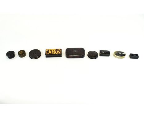 A Good Collection of George III Snuff Boxes ( 9 ) In Total. Some Tortoiseshell - Bog Oak ( Irish ) Coromandel Pressed Horn, P