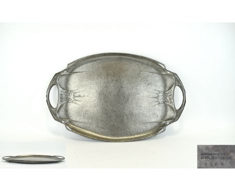 English Pewter Arty Nouveau Tray by Hutton of Sheffield, Liberty Design No 1105, Planished & Moulded Decoration, 19 x 12 Inch