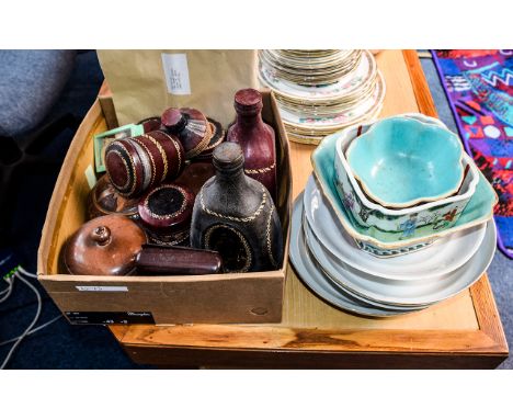 A Mixed Lot Of Ceramics and Collectibles Approx 18 items in total to include vintage leather bound cigarette canisters, whisk