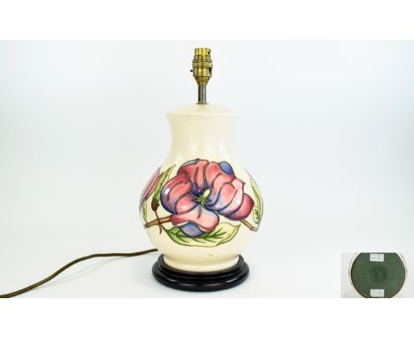 Moorcroft Large Modern - Bulbous Shaped Tube lined Lamp Base ' Magnolia ' Design on Cream Ground. c.1975. Stands 14.5 Inches 