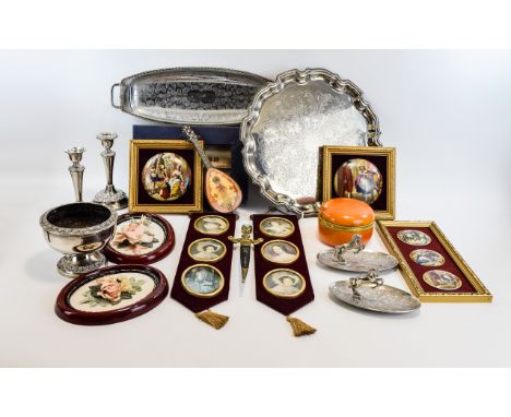 A Mixed Collection Of Ephemera And Decorative Items To include collectors stamps, various engraved metal dressing table trays