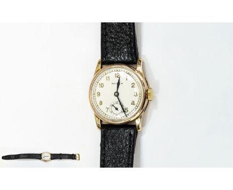 Gents 9ct Gold Rolex Wristwatch Circular White Enamelled Dial Arabic Numerals With Subsidiary Seconds, Manual Wind, 27mm Case