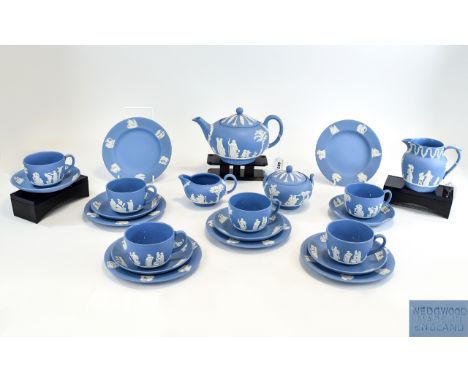 Wedgwood Blue Jasperware ( 22 ) Piece Tea Service. Comprises 1 Teapot, 6 Trios, Milk Jug, Lidded Sugar Bowl, Water Jug. All P