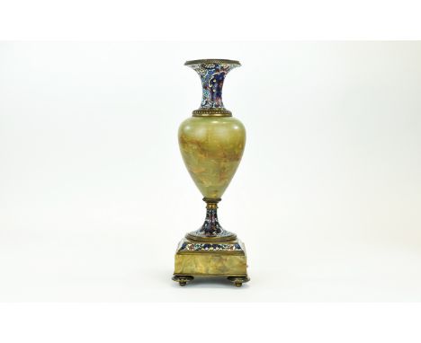 Napoleon III French Cloisonne Enamel Champleve and Marble Onyx Vase. Stands 12.25 Inches Tall. Nice Overall Condition. 