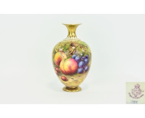 Royal Worcester Hand Painted and Signed Globular Shaped Vase ' Fallen Fruits ' Stillife. Signed Lockyer. Date 1933. Height 6.
