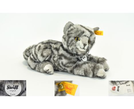 Steiff Original - Soft Woven Fur ' Luzie ' Taddy Cat Figure. Steiff Tag / Button to Ear. Height 6.5 Inches & Length 12 Inches
